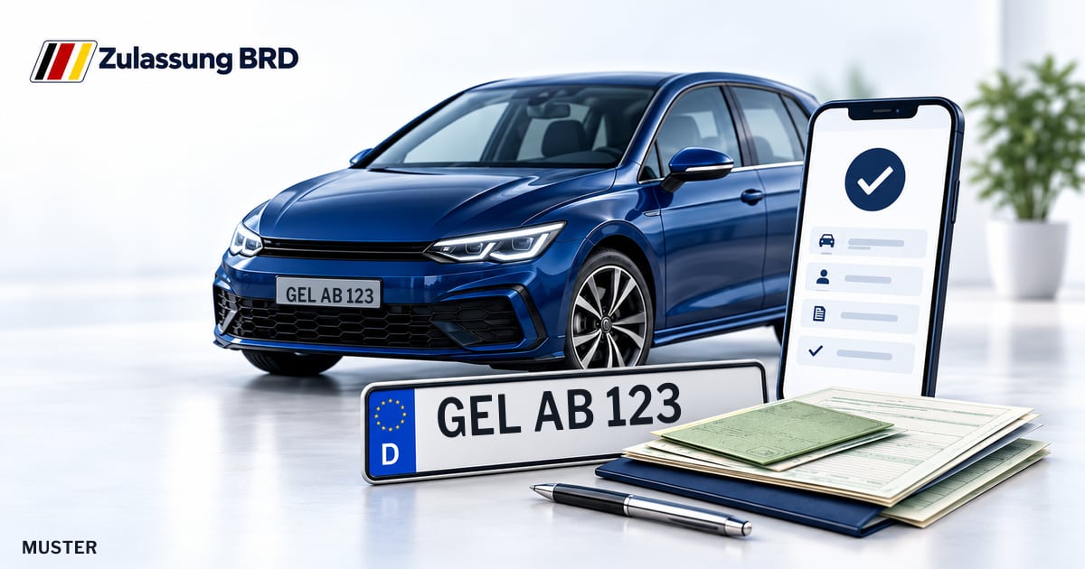 Online Fahrzeugzulassung in Geldern: Musterkennzeichen GEL AB 123, Auto und Fahrzeugpapiere und Smartphone. Illustration mit Logo von Zulassung BRD.